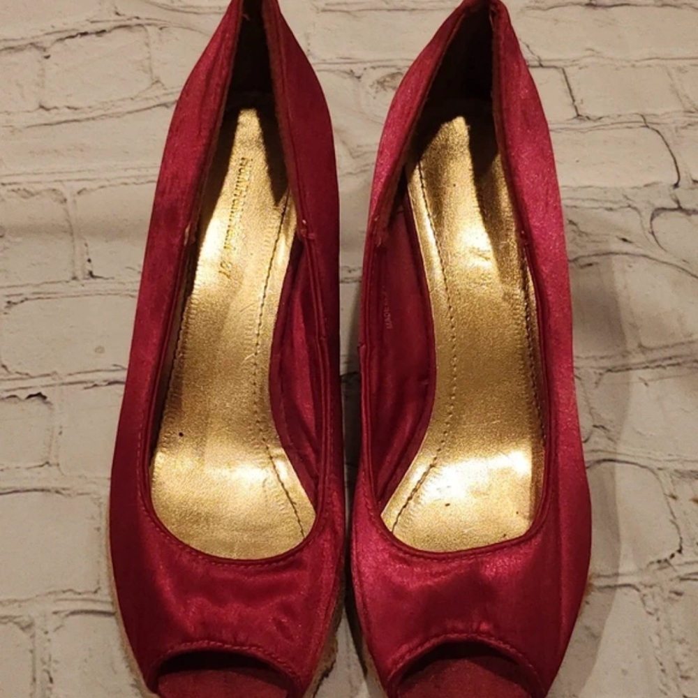 Red Satin Peep-Toe Heels with Gold Insole